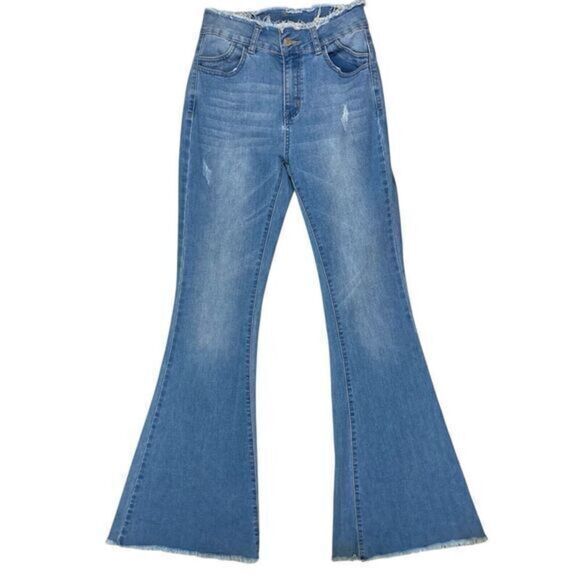 B. Original High Rise Flare Jeans Womens Size 26 Blue Frayed Hem Stretch Denim - Picture 1 of 14